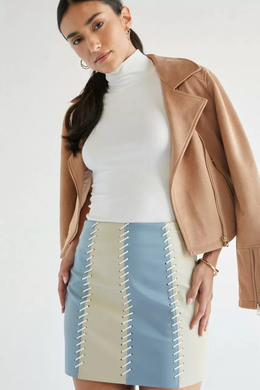 Francesca's Adelyn Vegan Leather Color Block Mini Skirt
