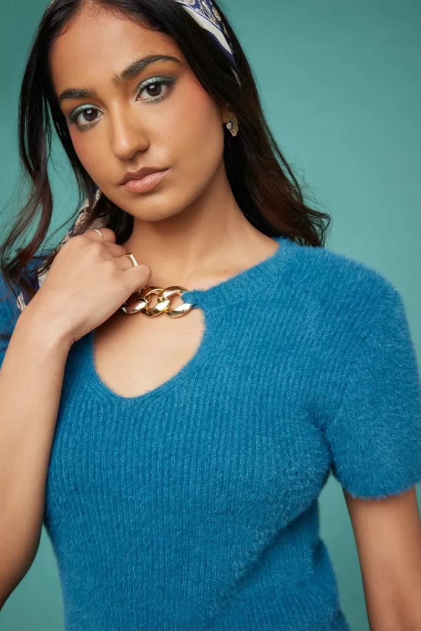 Francesca's Alina Fuzzy Keyhole Sweater Tee