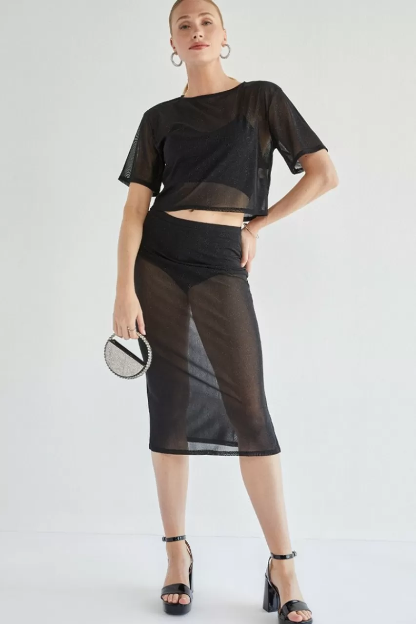 Francesca's Carla Glitter Mesh Midi Skirt