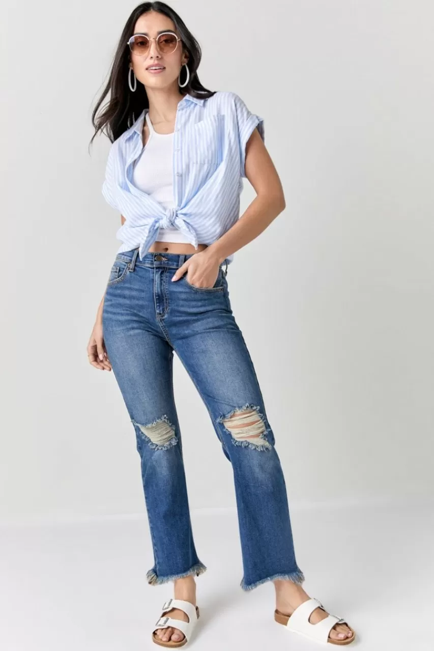 Francesca's Chastity Destructed Knee Kick Crop Jeans