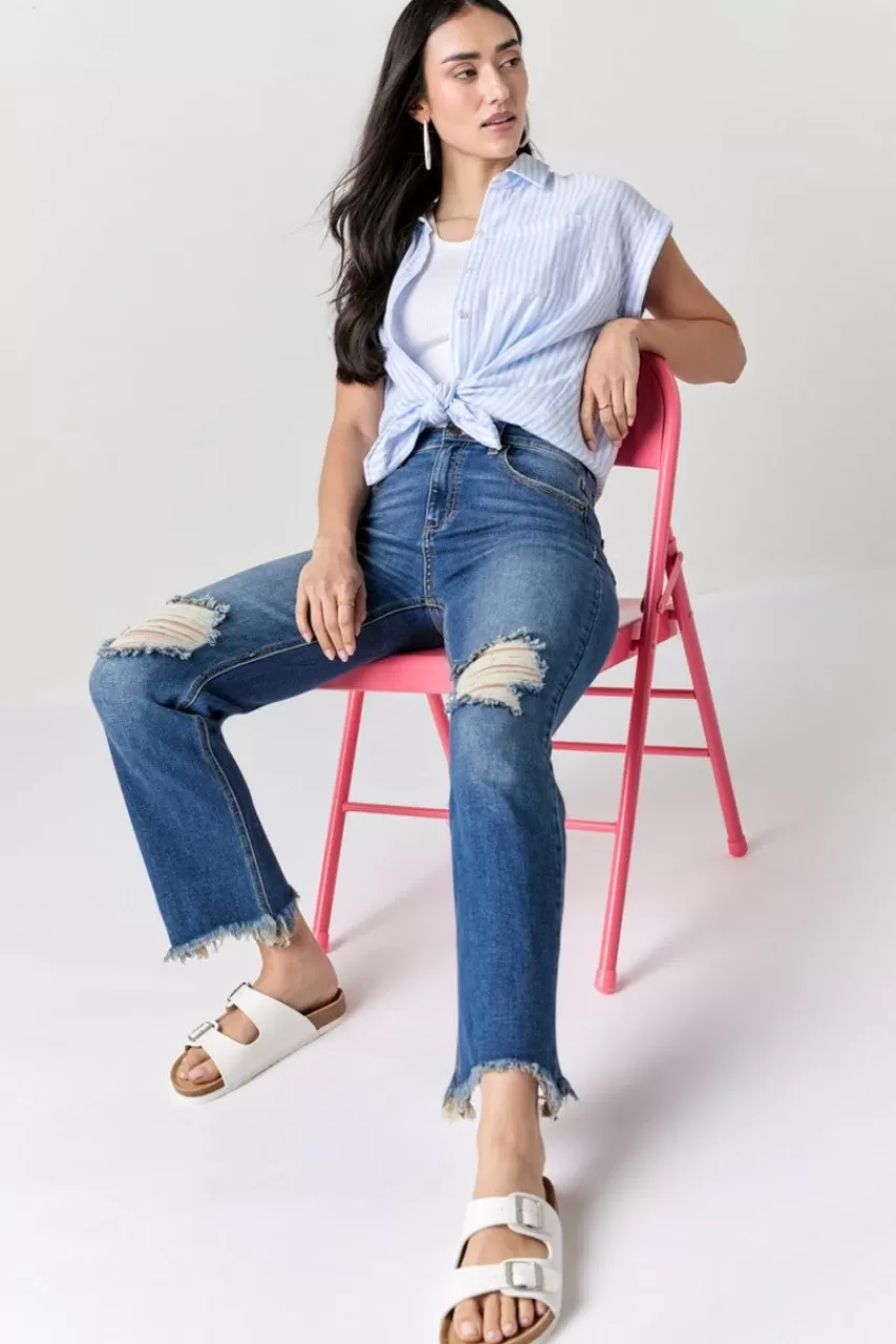Francesca's Chastity Destructed Knee Kick Crop Jeans