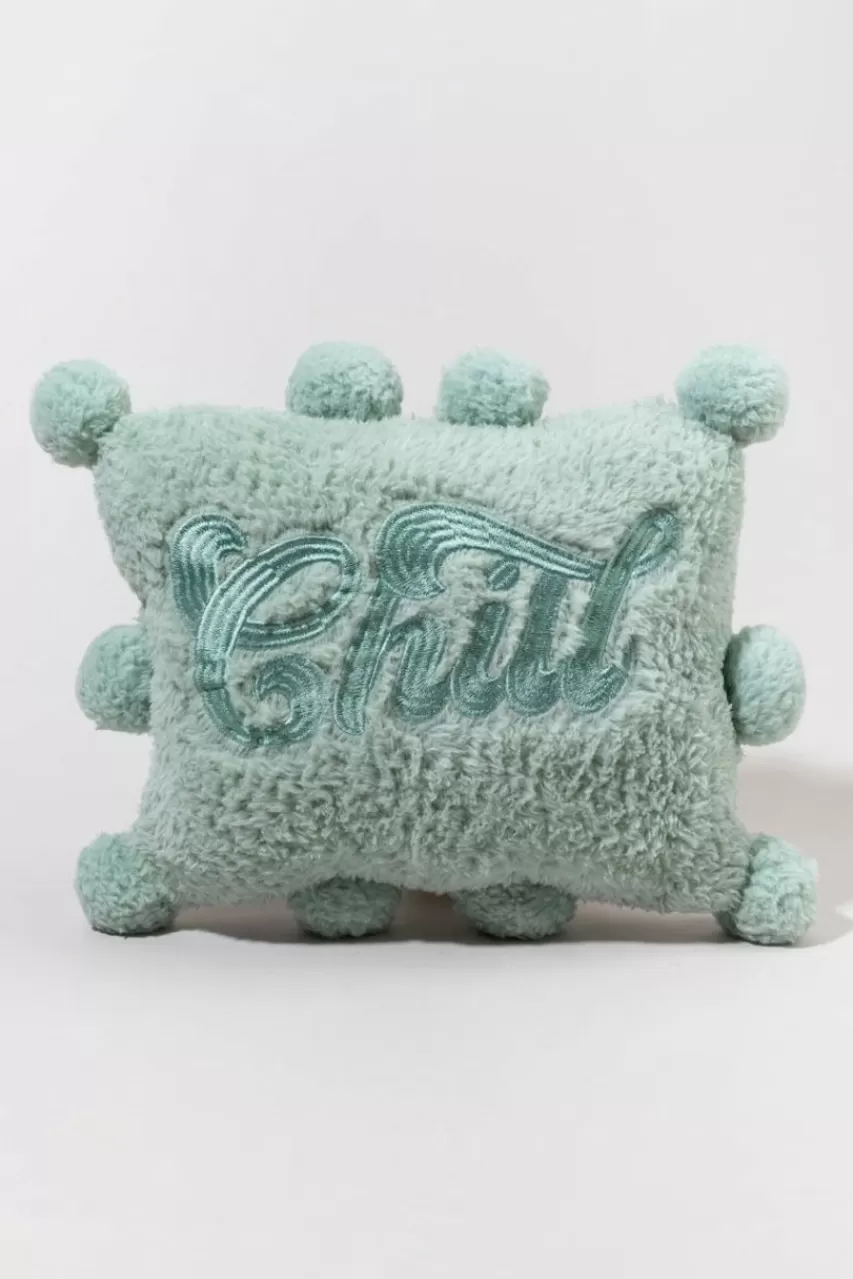 Francesca's Chill Embroidered Pom Pom Pillow