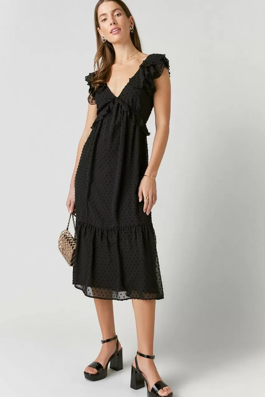 Francesca's Chrystal Ruffle Strap Clipdot Midi Dress