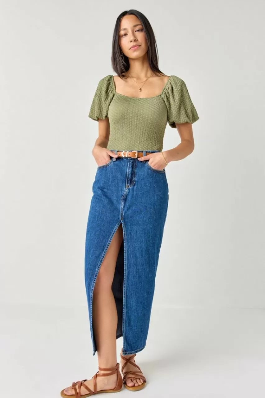 Francesca's Dena Front Slit Denim Maxi Skirt