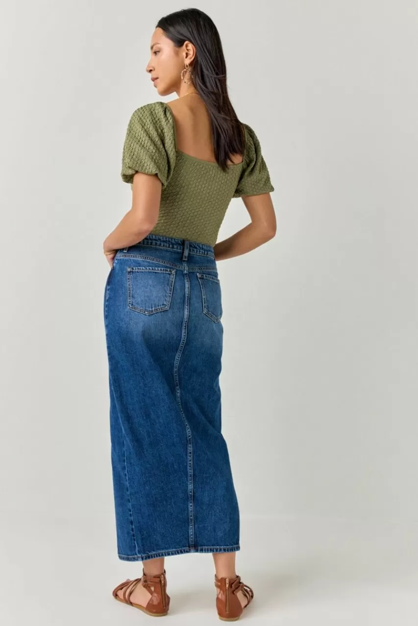 Francesca's Dena Front Slit Denim Maxi Skirt
