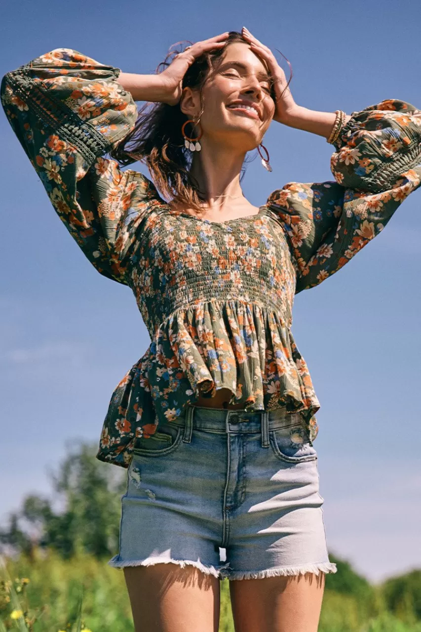 Francesca's Elaine Smocked Waist Floral Print Blouse
