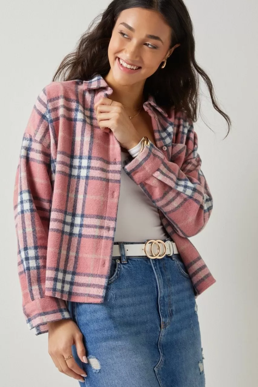 Francesca's Ethel Plaid Shacket Long Sleeve Shirt