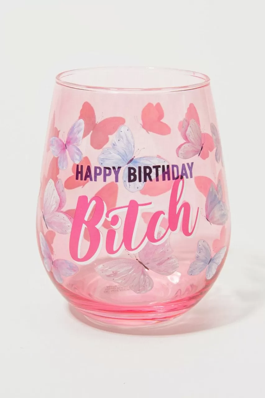 Francesca's Happy Birthday B*Tch Butterfly Stemless Wine Glass 22Oz