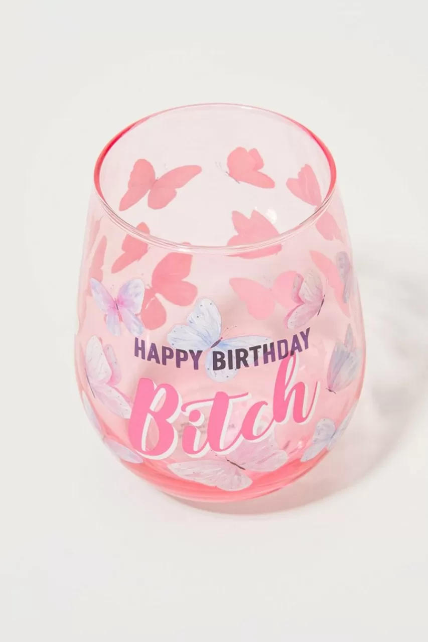 Francesca's Happy Birthday B*Tch Butterfly Stemless Wine Glass 22Oz