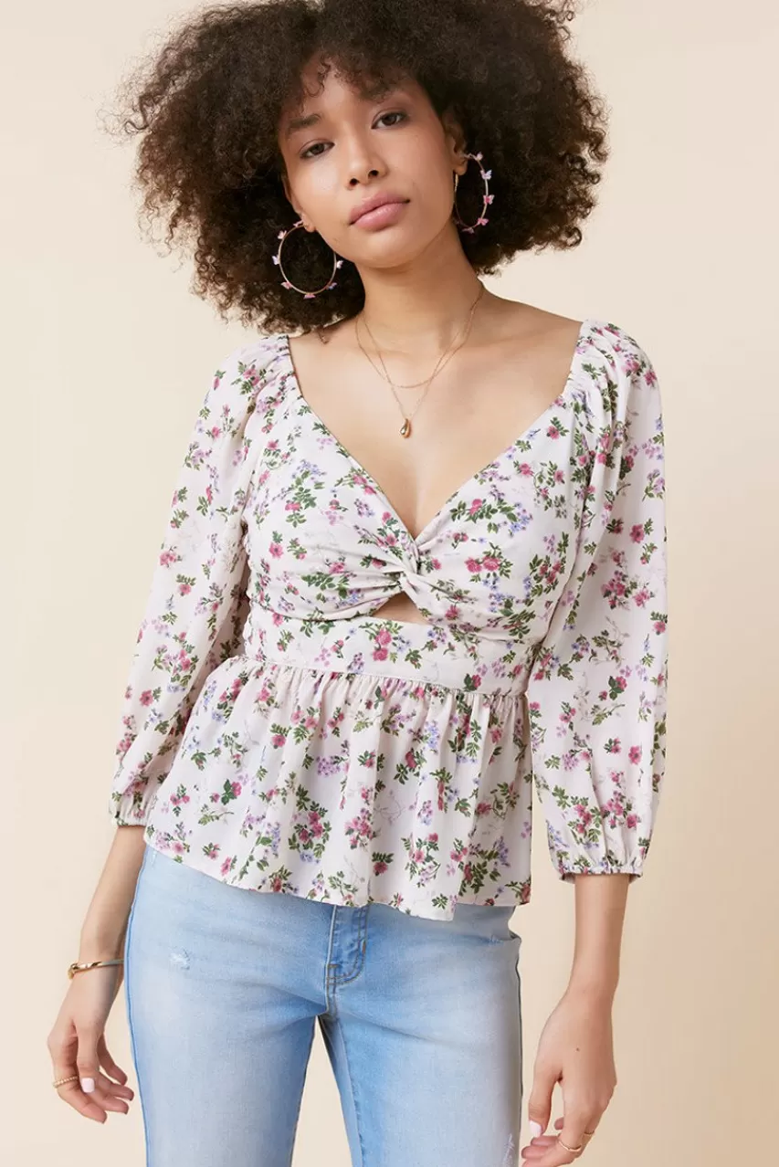 Francesca's Joni Floral Keyhole Peplum Blouse