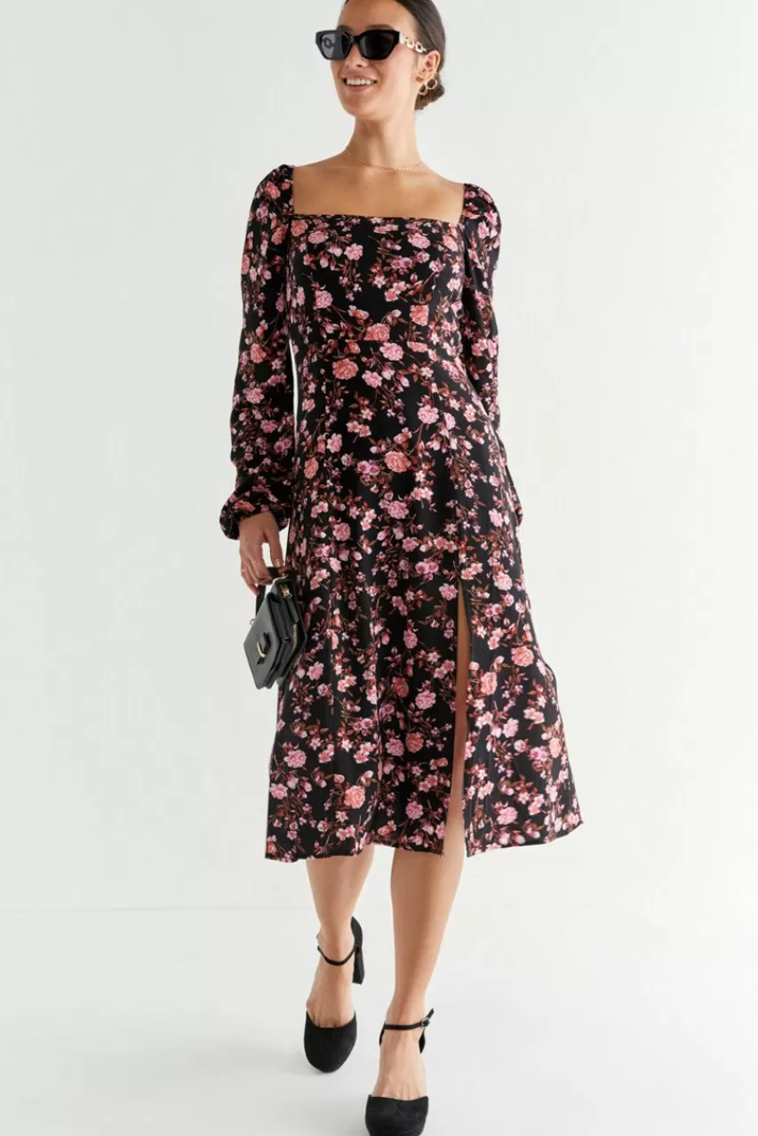 Francesca's Kathleen Puff Sleeve Slit Midi Dress
