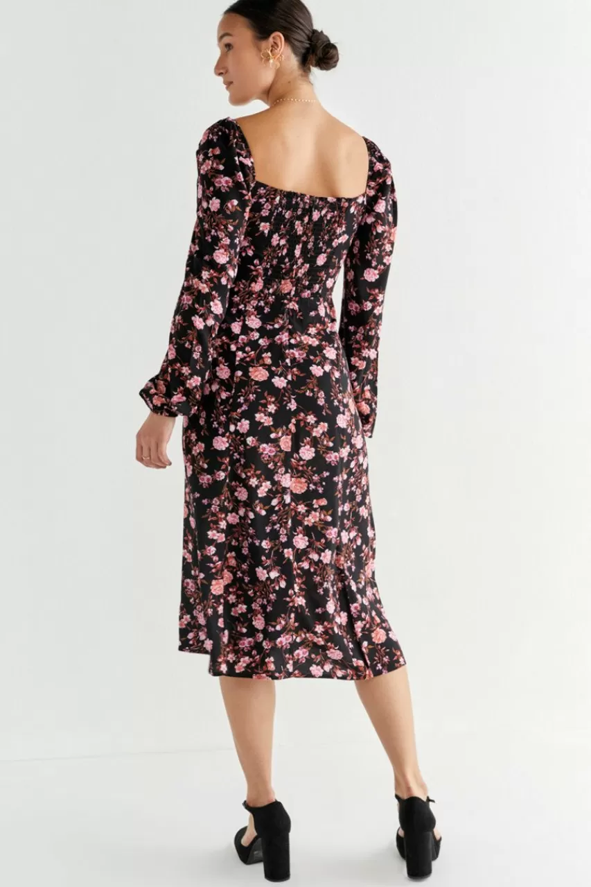 Francesca's Kathleen Puff Sleeve Slit Midi Dress