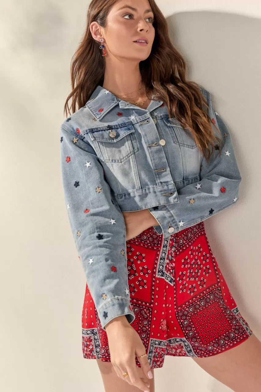 Francesca's Lilian Star Embroidered Denim Jacket