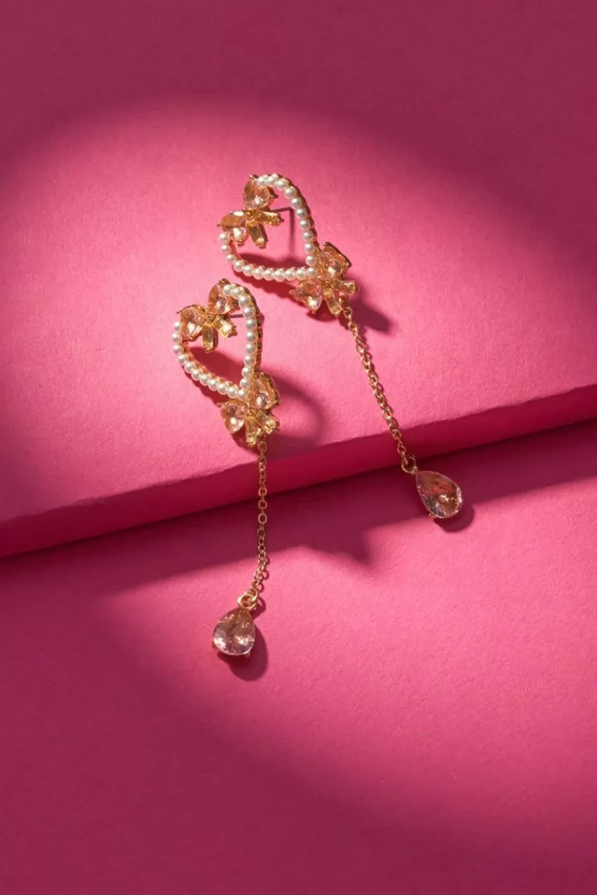 Francesca's Luxe 14K Gold Plated Pearl Heart Bow Dangle Earrings