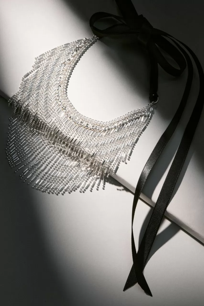 Francesca's Luxe Silver Plated Fringe Ribbon Choker