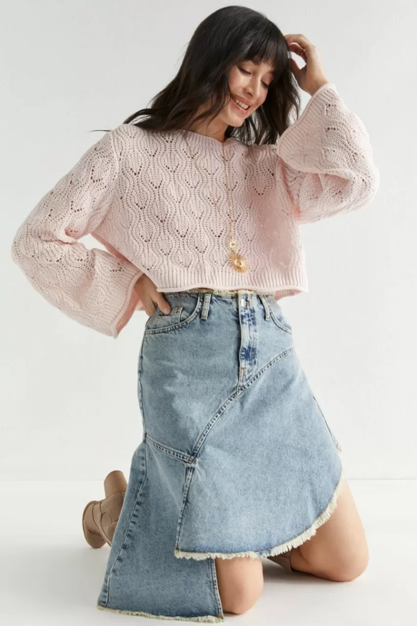 Francesca's Marianne Asymmetric Denim Midi Skirt