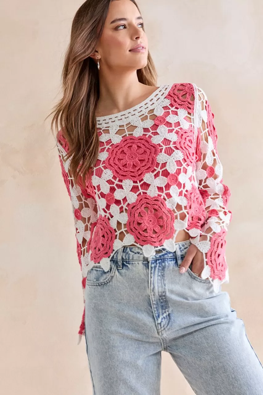 Francesca's Meredith Open Crochet Floral Pullover