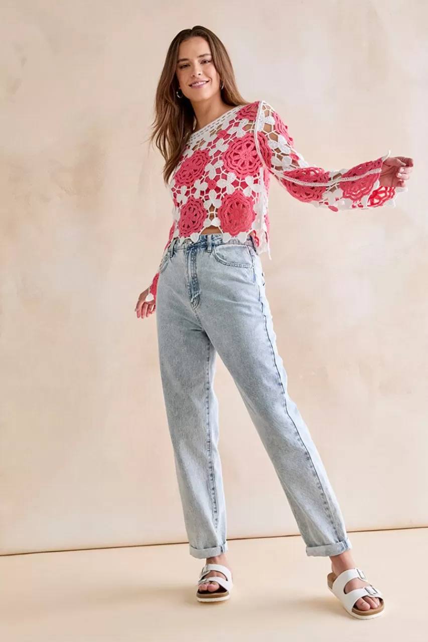 Francesca's Meredith Open Crochet Floral Pullover