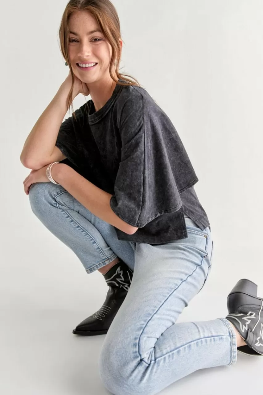 Francesca's Ruth Acid Wash Cape Sleeve Tee Top