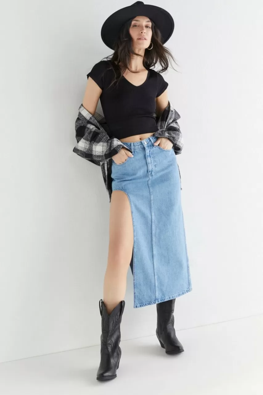 Francesca's Tammy Denim Slit Midi Skirt