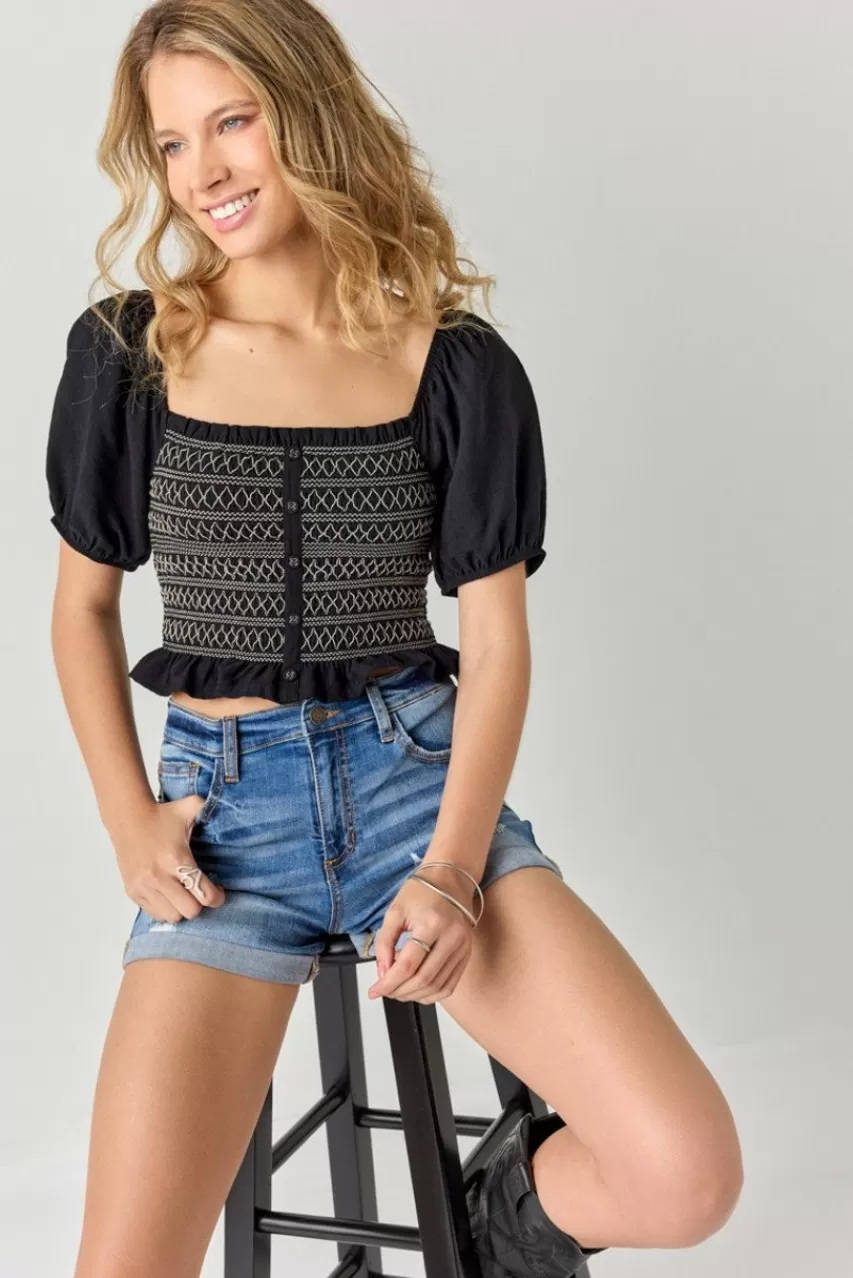 Francesca's Tess Med Wash Destructed Denim Shorts