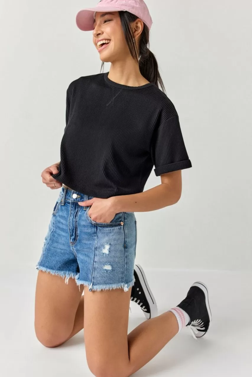 Francesca's Val Destructed Frayed Hem Denim Shorts
