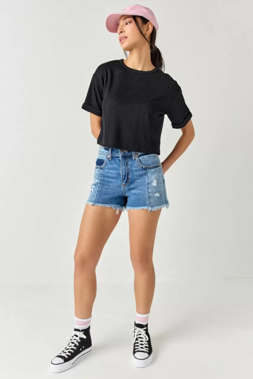 Francesca's Val Destructed Frayed Hem Denim Shorts