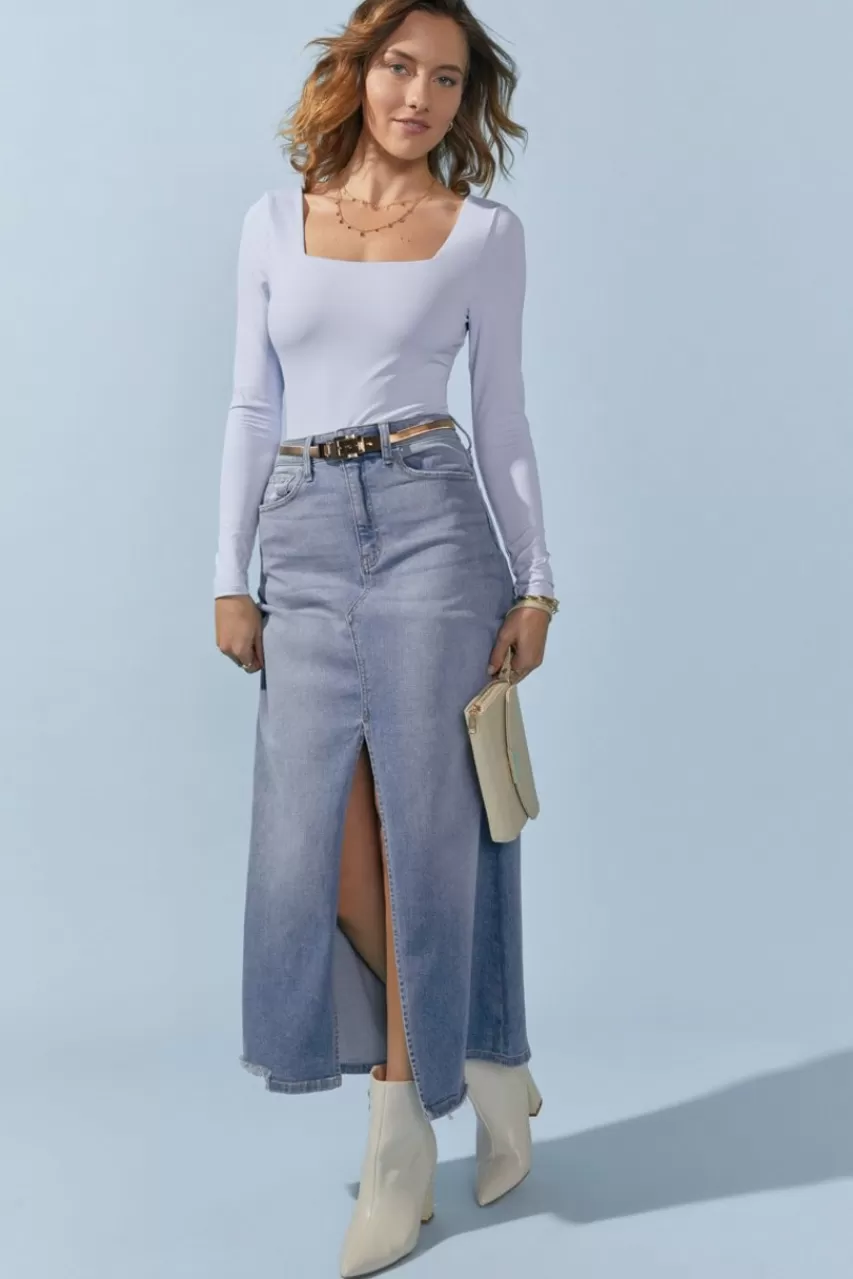 Francesca's Wendi Midi Denim Skirt